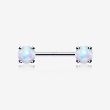 A Pair of 14 Karat White Gold Prong Set Fire Opal Sparkle Nipple Barbell-White Opal